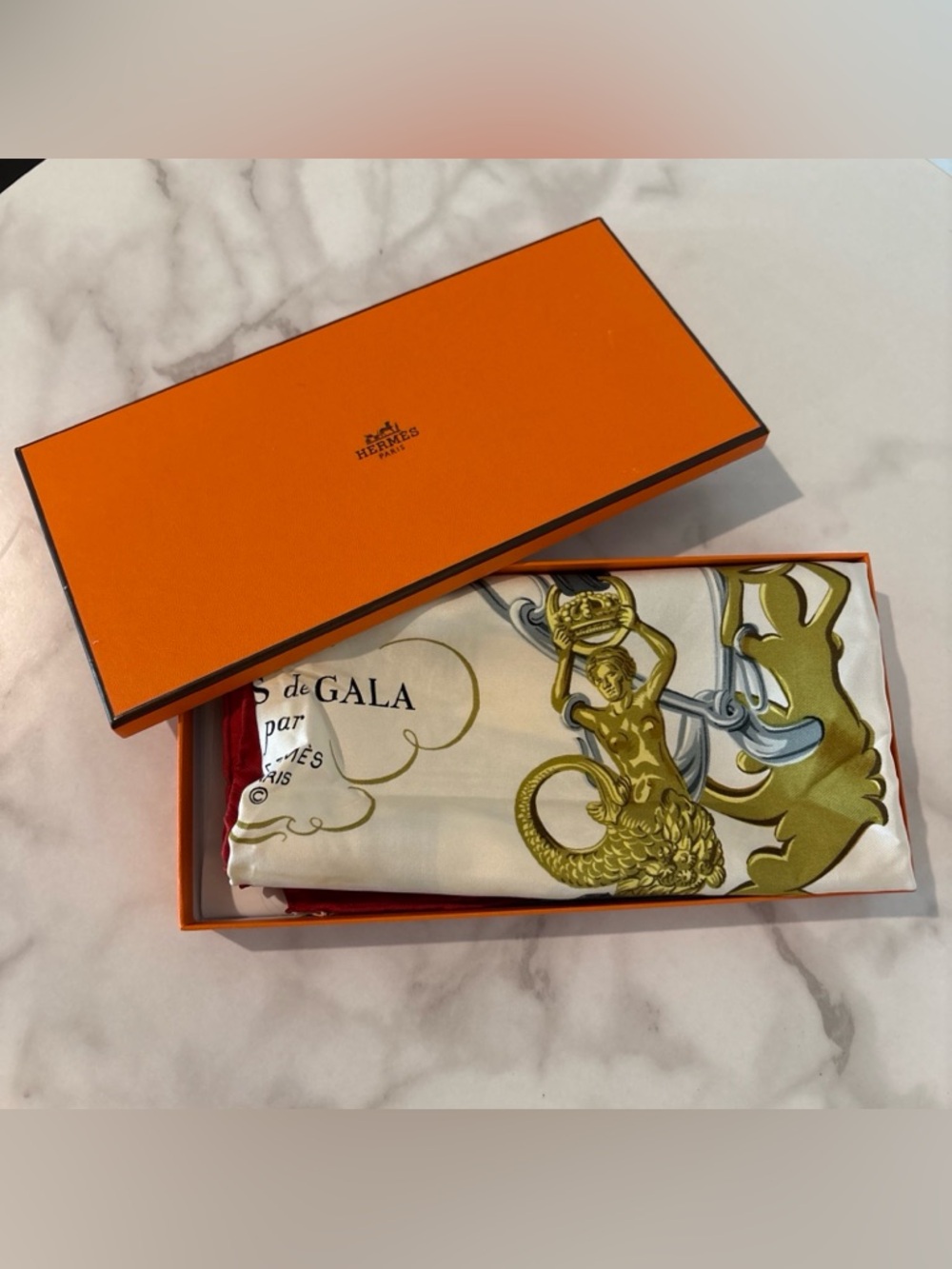 Hermes Silk Scarf Ivory Gold Olive Red